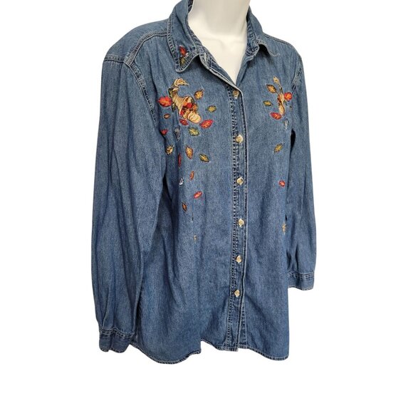Bobbie Brooks Woman Size 14/16 Chambray Fall Embroidered Long Sleeve Blouse - Picture 3 of 10